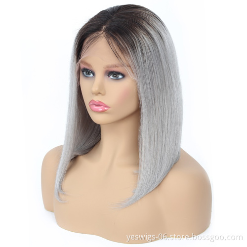 Brazilian Human Hair Short Bob Wigs 1b/gray Lace Front Wigs Ombre Hair for Women